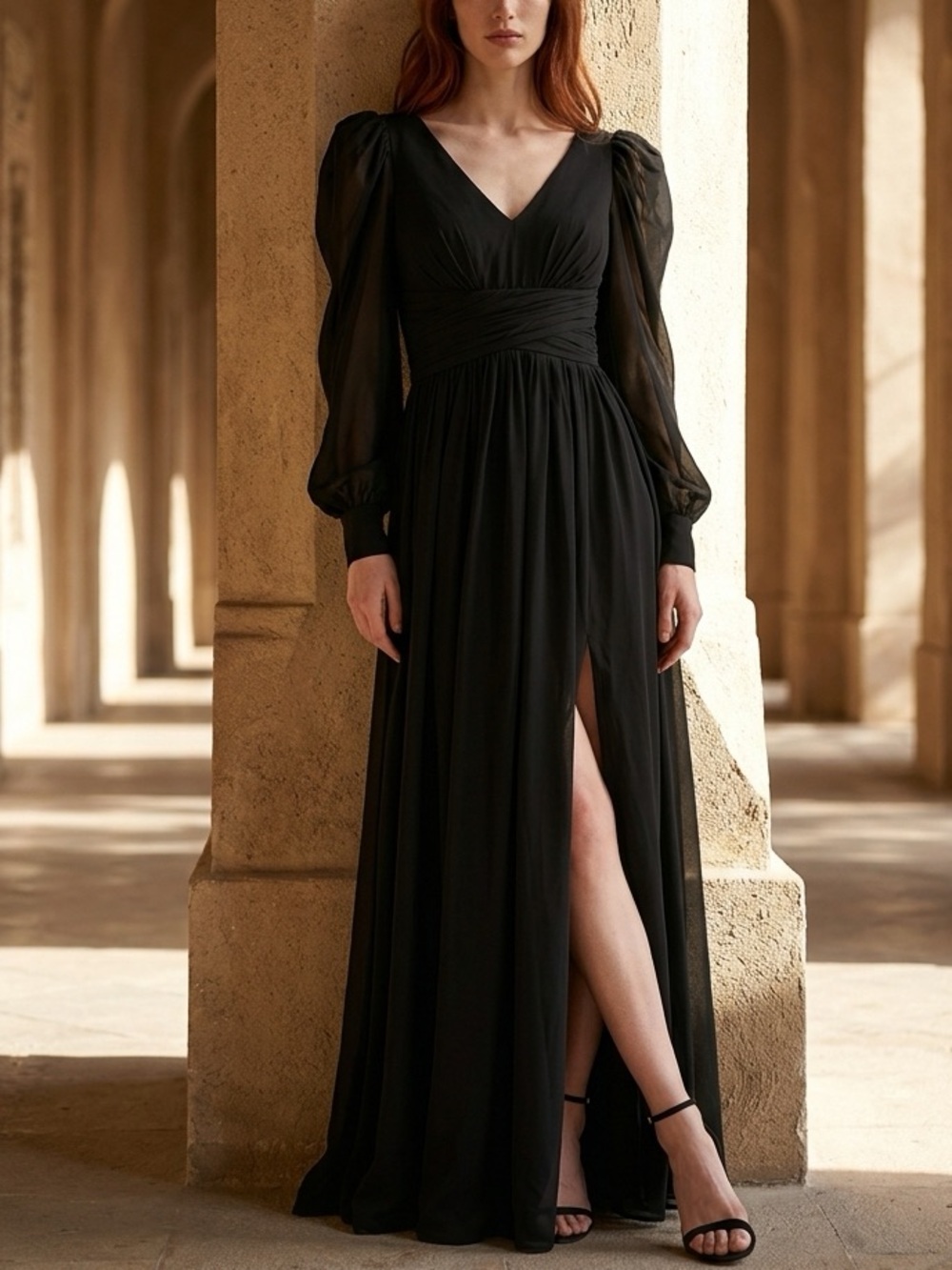 Black V-Neck Long Sleeve Maxi Dress